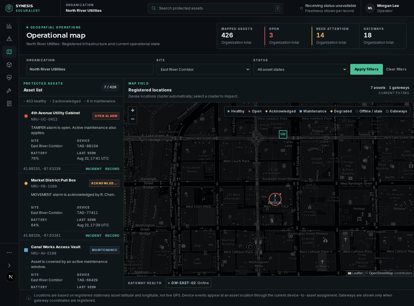 SecurAlert customer portal showing protected assets, monitoring status, and their registered locations on the operational map